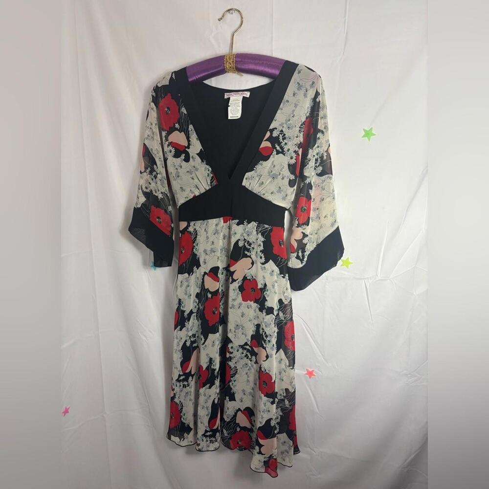VTG 90’s/y2k Floral Kimono V Neck Midi Boho Babydoll Black Dress with Tie Size M